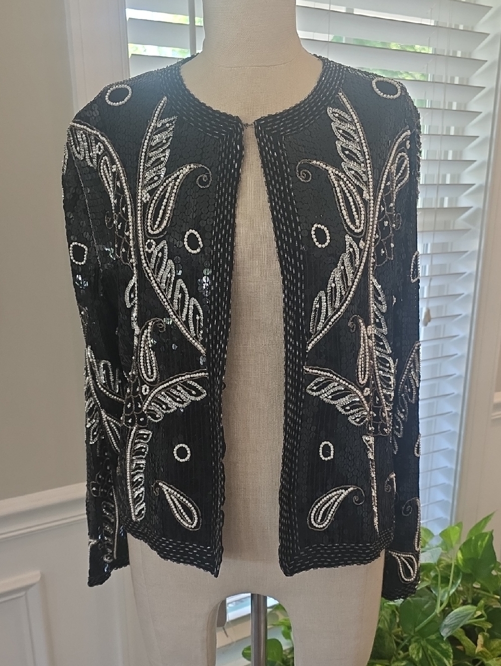 Vintage Jennifer Black Sequins Silk Open Jacket with Subtle Sheen